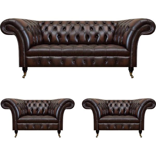 Lussuoso Set Di Divani In Pelle Marrone Soggiorno 2X Poltrona Tre Posti Divano Chesterfield-image