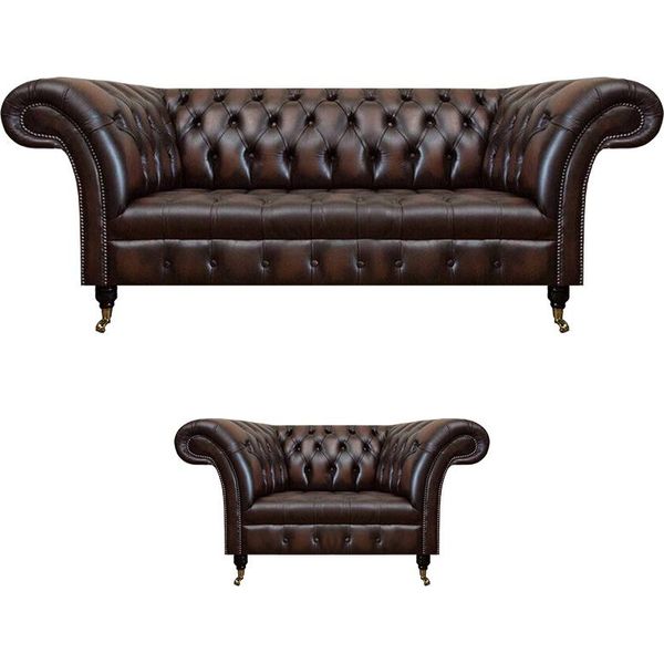 Set Soggiorno 2Pcs Tre Posti Divano Divano Chesterfield Poltrona Nuovi Mobili Imbottiti-image