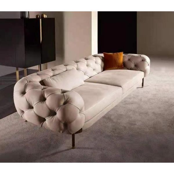 Divano 3 Posti Lussuoso Rivestimento Beige Divani Design Ecopelle Nuovo Moderno-image
