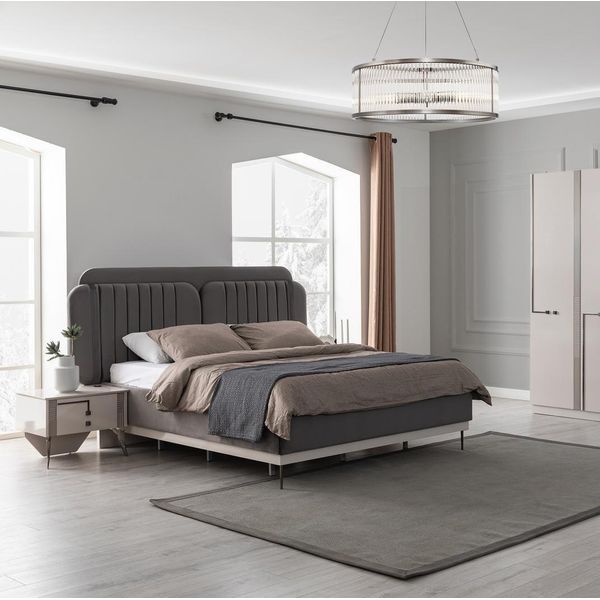Letto Matrimoniale Grigio Arredo Camera Da Letto Moderno Letti Di Lusso Struttura In Legno-image