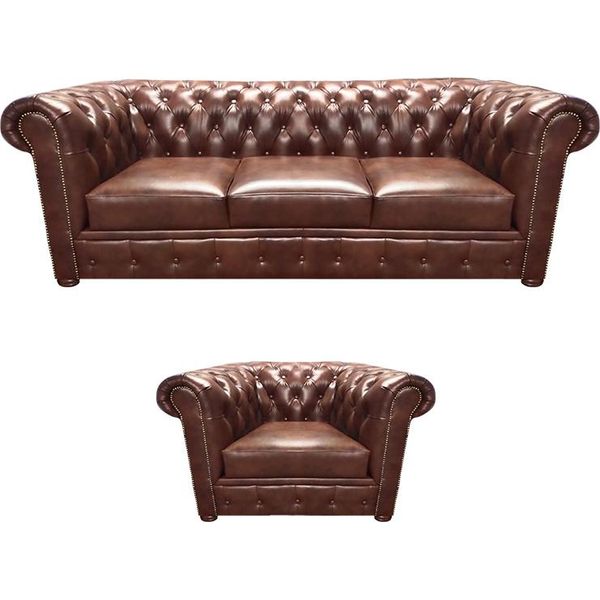 Mobili Imbottiti Divano In Pelle Tre Posti Marrone Poltrona Seduta Soggiorno Nuovo Chesterfield-image