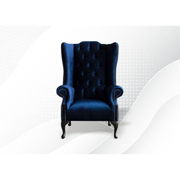 Poltrona Sedia Ad Ala Blu Tessuto Chesterfield Mobili Creativi Soggiorno-image