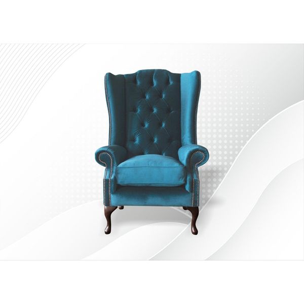 Poltrona Chesterfield Poltrona Ad Ala In Tessuto Blu Arredamento Soggiorno Moderno Di Lusso-image