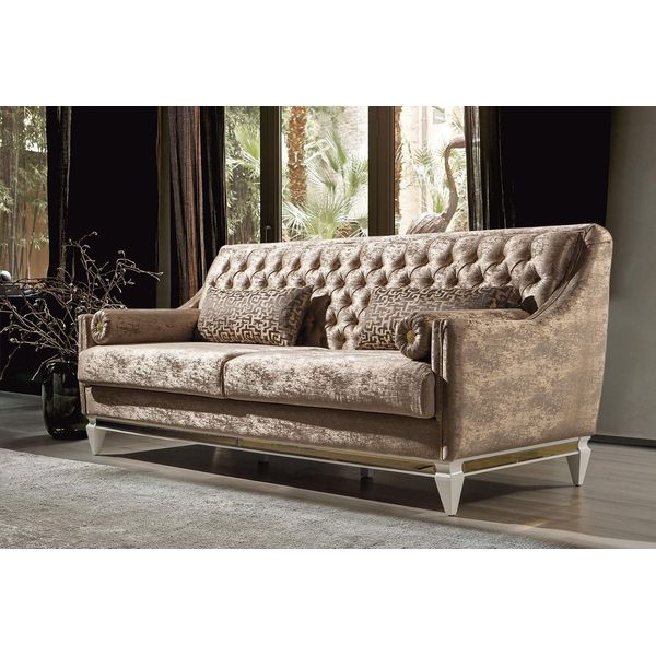 Divano Tessile Beige A 3 Posti Divano Imbottito Chesterfield A Tre Posti Divano Imbottito A 3 Posti-image