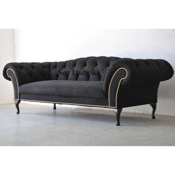 Divano A Tre Posti Di Design Imbottitura Seduta Tessile Divano 3 Posti Chesterfield Nero-image