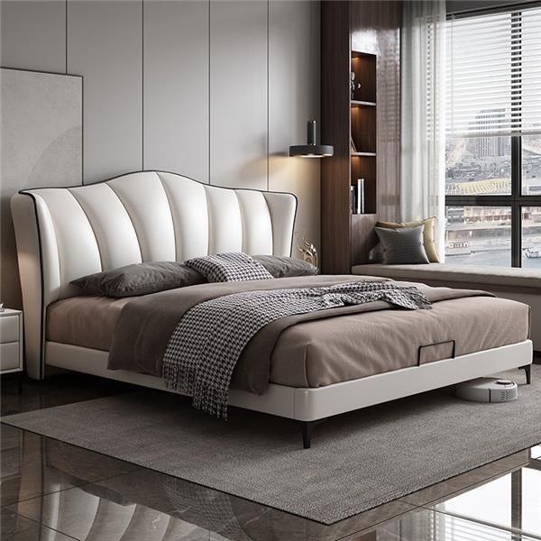 Camera Da Letto Letto In Pelle Stile Lusso Letto Matrimoniale Beige Letti Mobili Arredamento-image
