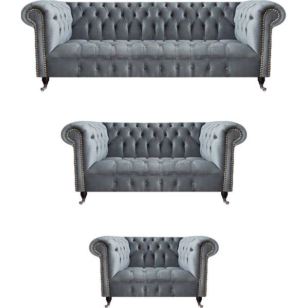 Lusso Set 3 Pezzi Divano Soggiorno Chesterfield Grigio Arredamento Nuovo-image