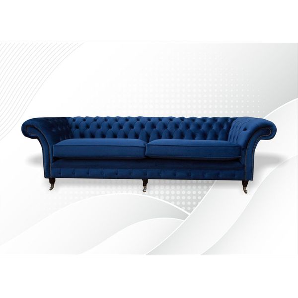 Divano Blu Xxl Grande Divano Chesterfield 265Cm Imbottito Divani 4 Posti In Pelle Tessile-image