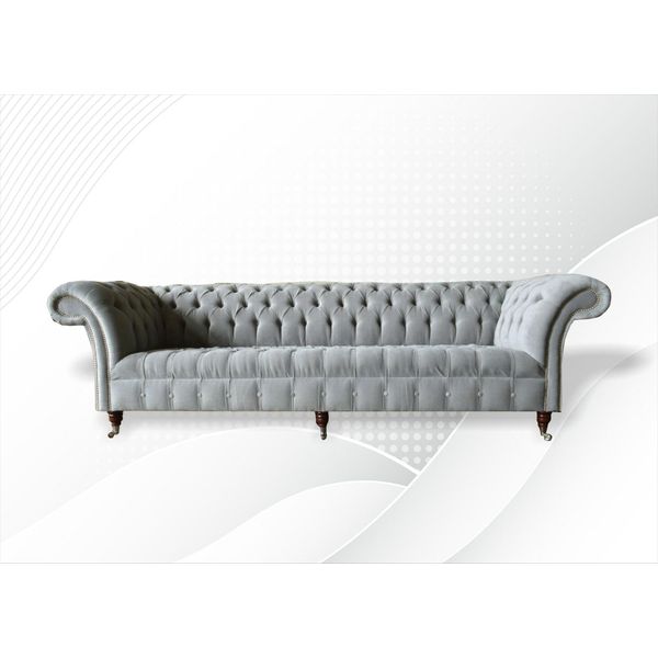 Divano Grigio Grande Divano Chesterfield 265Cm Imbottito Divani 4 Posti Pelle Tessuto Nuovo-image