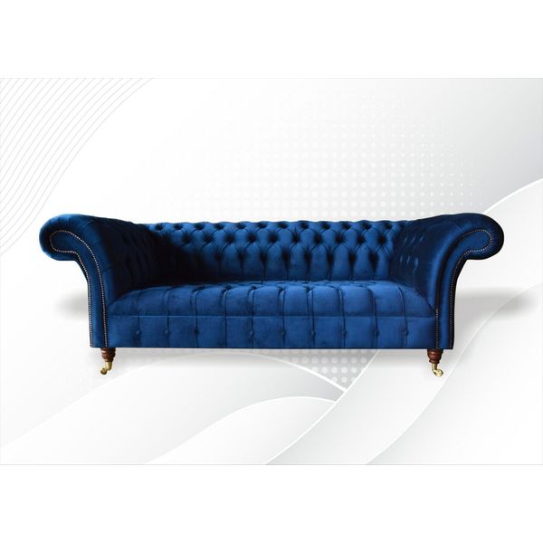 Chesterfield 3 Posti Design Blu Divani Imbottiti Divani In Velluto Tessuto Lusso-image