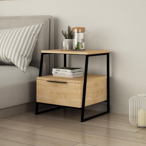 Decortie Pal Comodino Moderno Con Cassetto In Rovere Multiuso , 45 X 40 X 50 Cm-image