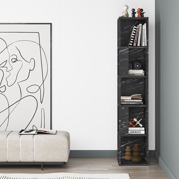 Decortie Piano Libreria Moderna Ad Angolo, Effetto Marmo Nero, 31 X 31 X 159 Cm-image
