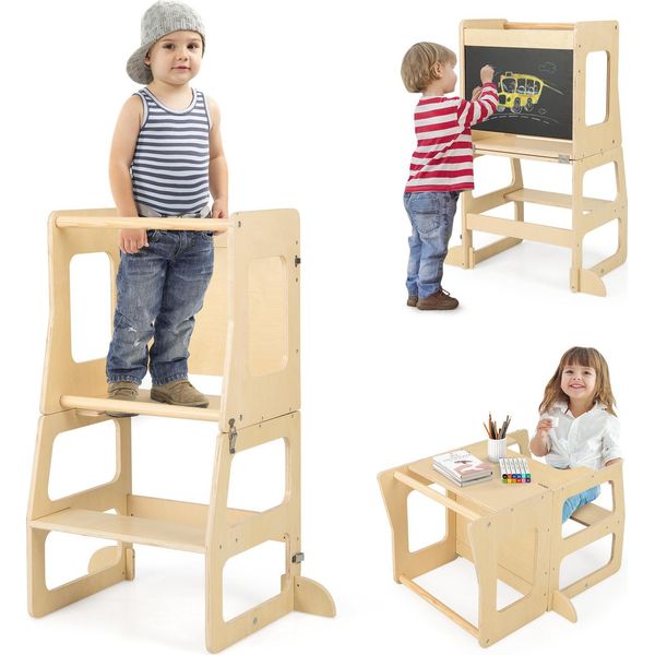 Costway 3 In 1 Torre Di Apprendimento Per Bambini, Sgabello Pieghevole E Lavagna E Set Da Tavolo Per Bambini, Torre Di Apprendimento In Piedi, Natura-image