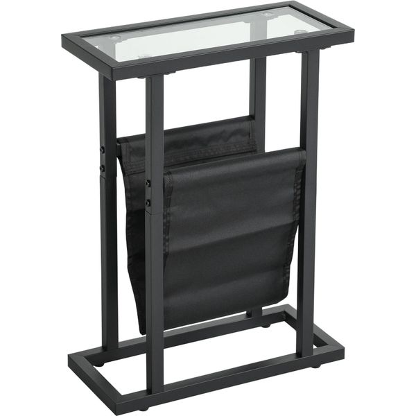 Homcom Tavolino Con Borsa In Tessuto, Struttura In Metallo, Tavolino Con Piano In Vetro, Comodino Per Soggiorno, Camera Da Letto, Nero, 40 X 18 X 55,5 Cm-image