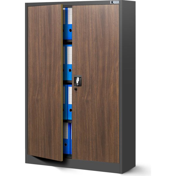 Armadio Per Ufficio C001K Armadio Per Archiviazione Armadio Multiuso Armadio In Metallo 3 Ripiani Regolabili Verniciatura A Polvere 140 Cm X 90 Cm X 40 Cm Antracite / Noce-image