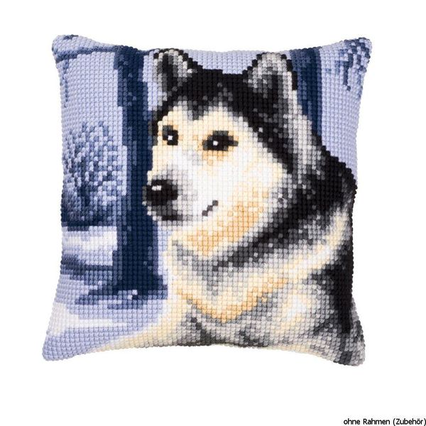 Cuscino A Punto Croce Vervaco "Husky Nella Foresta Innevata"", Immagine Di Ricamo Pre-Disegnata"-image