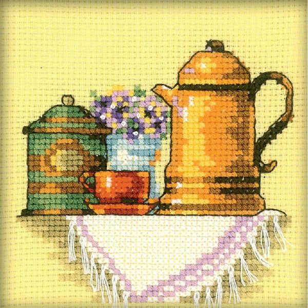 Set Per Punto Croce Rto "Una Tazza Di Caffè Al Mattino"" H199, Schema Contato, 10X10 Cm"-image