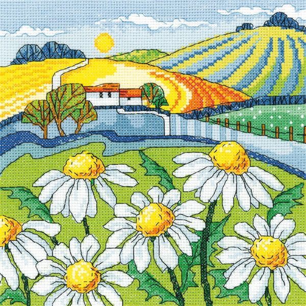 Set Per Punto Croce Heritage In Aida "Paesaggio A Margherita"", Schema Contato, KCDL1474-A, 20,5X20,5Cm"-image