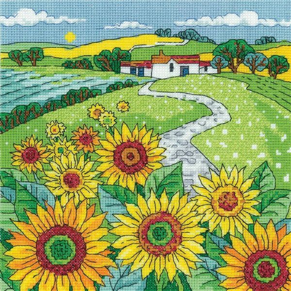 Set Per Punto Croce Heritage In Aida "Paesaggio Di Girasoli"", Schema Contato, KCSF1542-A, 20,5X20,5Cm"-image