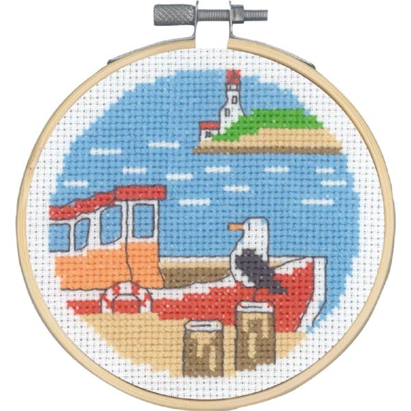Set Per Punto Croce Permin Con Cornice "Molo Della Barca"", Schema Di Conteggio, Diam. 10 Cm, 13-1422"-image