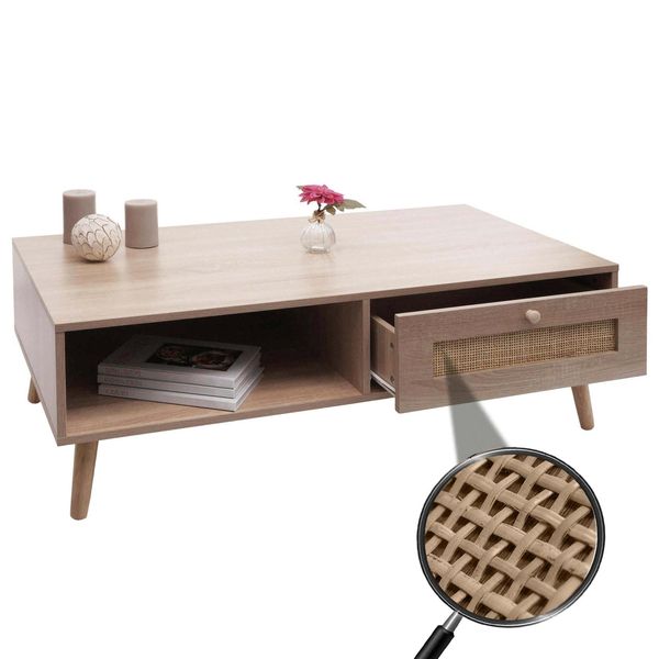 Couchtisch MCW-M39, Wohnzimmertisch Beistelltisch Sofatisch, Schublade Kubu Rattan Holz Melamin, 37X110X59Cm Eiche-Optik-image