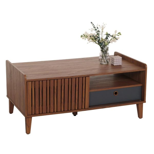 Couchtisch MCW-M48, Wohnzimmertisch Tisch Sofatisch, 52X114X59Cm ~ Walnuss-Optik, Schublade Dunkelgrau-image