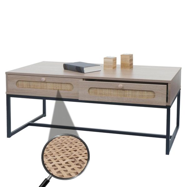 Couchtisch MCW-M41, Wohnzimmertisch Tisch Beistelltisch Sofatisch, Schublade, Kubu Rattan Holz Melamin, Eiche-Optik-image