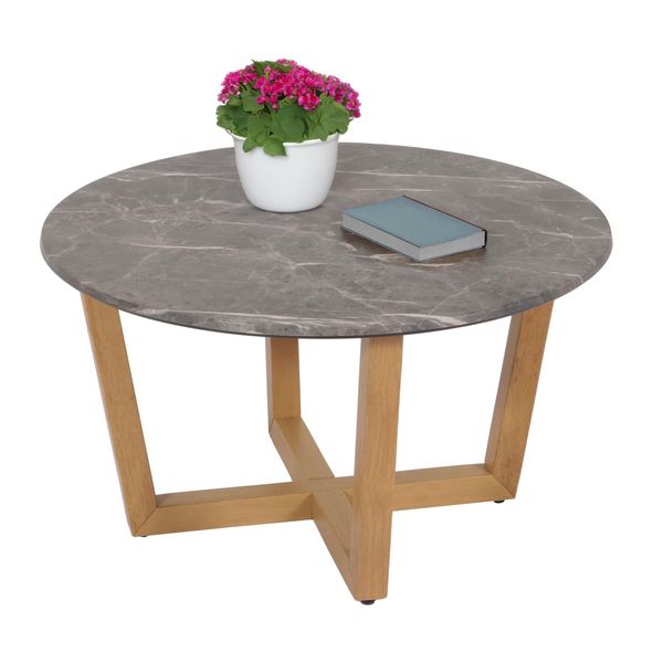 Couchtisch MCW-M61, Beistelltisch Sofatisch, Massiv-Holz Hdf Laminat Melamin Ø80Cm, Marmor/Stein-Optik Helles Gestell-image