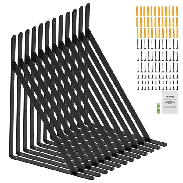 Supporto Per Ripiani Vevor, 460 X 305 X 25 Mm, 12 Pezzi, Supporti Per Ripiani Flottanti, Supporti Per Ripiani, Spessore 3 Mm, Supporto Per Ripiani Triangolare Nero Opaco, Supporto Per Ripiani In Acciaio Con Portata Di 72,6 Kg-image