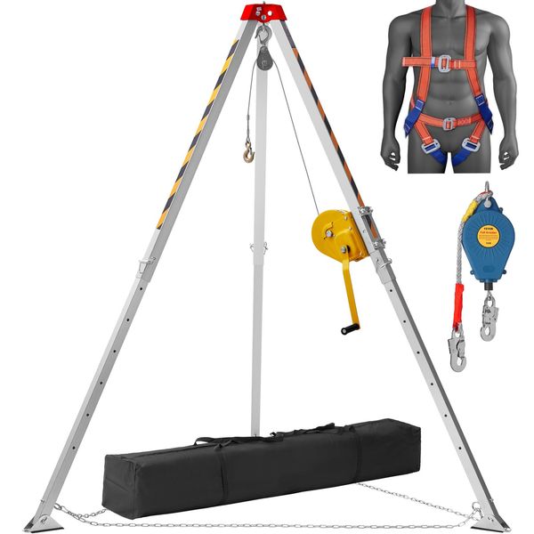 Set Treppiede Di Salvataggio Vevor, Treppiede Con Argano Da 1800 Lbs Per Spazi Confinati Con Gambe Da 7' E Cavo Da 98' Per Spazi Confinati Protezione Anticaduta Da 32,8', Imbracatura Di Sicurezza-image