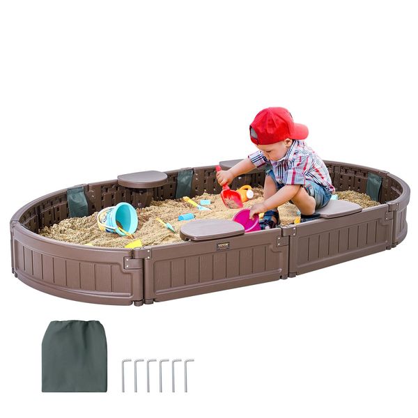 Vevor Sabbiera Con Coperchio, 183 X 105 X 23 Cm, Sabbiera Ovale, Sabbiera In Hdpe Con 4 Sedili Angolari E Rivestimento Del Pavimento, Sabbiera Per Bambini Per Giardino, Spiaggia, Parco, Regalo Per Bambini E Bambine Dai 3 Ai 12 Anni, Marrone-image