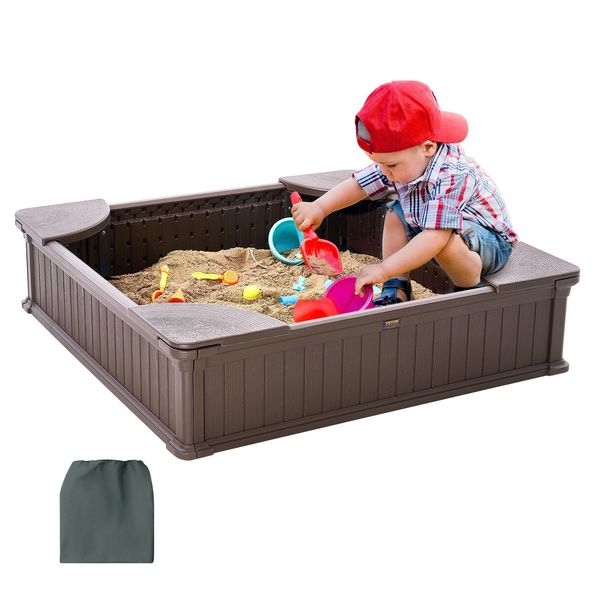 Vevor Sabbiera Con Coperchio, Sabbiera Quadrata, Sabbiera In Hdpe Con 4 Sedili Angolari E Rivestimento Del Pavimento, Sabbiera Per Bambini, Regalo Per Bambini E Bambine Dai 3 Ai 12 Anni, Marrone-image