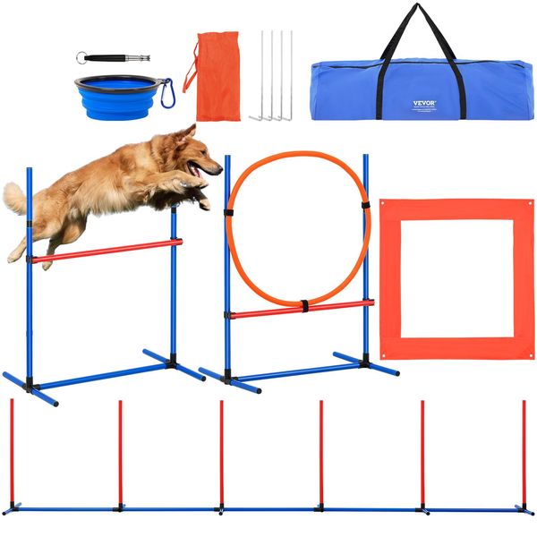 Vevor Attrezzatura Per L'addestramento All'agilità Del Cane, Set Di 4 Pezzi Con Ostacoli Alti Regolabili, 6 Aste Da Slalom, Anello Di Salto, Box Di Rottura Quadrato, Fischietto, Ciotola Pieghevole, Set Per Percorsi A Ostacoli Per Cuccioli-image