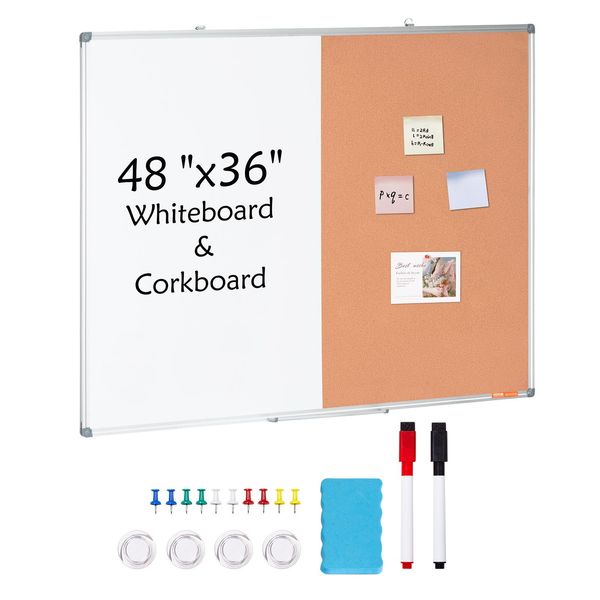Vevor 48" X 36"" Lavagna Bianca E Lavagna In Sughero Con Cornice In Alluminio - Lavagna Magnetica E Cancellabile A Secco 2 In 1 Da Montare A Parete - Ideale Per La Scuola, La Casa, L'ufficio"-image
