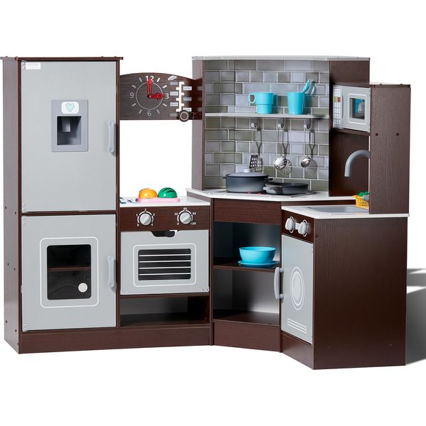 Cucina Ad Angolo In Legno Vevor, Set Giocattolo Con Luci E Suoni, Cucina Per Bambini Con Gelatiera, Forno, Lavello, Orologio, Microonde, Frigorifero E Accessori,-image
