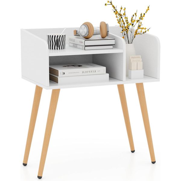 Costway Comodino Comodino Comodino Con Vano A Giorno, Gambe Di Sostegno In Metallo, Console Da Letto, Tavolino Da Divano 50X32X58Cm Bianco, Naturale-image