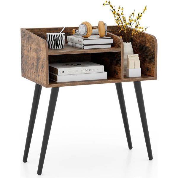 Comodino Costway Comodino Con Vano A Giorno, Gambe Di Sostegno In Metallo, Console Da Letto, Tavolino Da Divano 50X32X58Cm Marrone Rustico-image