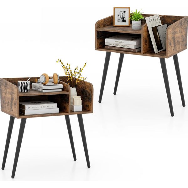 Costway Set Di 2 Comodini Cassettiera Comodino Con Vano A Giorno, Gambe Di Sostegno In Metallo, Console Da Letto, Tavolo Da Divano 50X32X58Cm Marrone Rustico-image