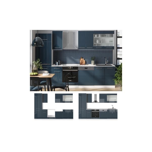 Vicco KüChenzeile Fame-Line Weiß Dunkelblau Hochglanz 300 Cm Mit Arbeitsplatte Eiche-image
