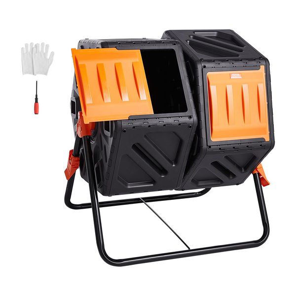 Vevor Bidone Per Compostaggio Tumbler 140 L, Composter A Tamburo Compostiera Rotante A Doppia Camera 785 X 605 X 795 Mm, Bidone Per Compost Da Giardino Caricabile Da 40 Kg, Guanti Inclusi-image
