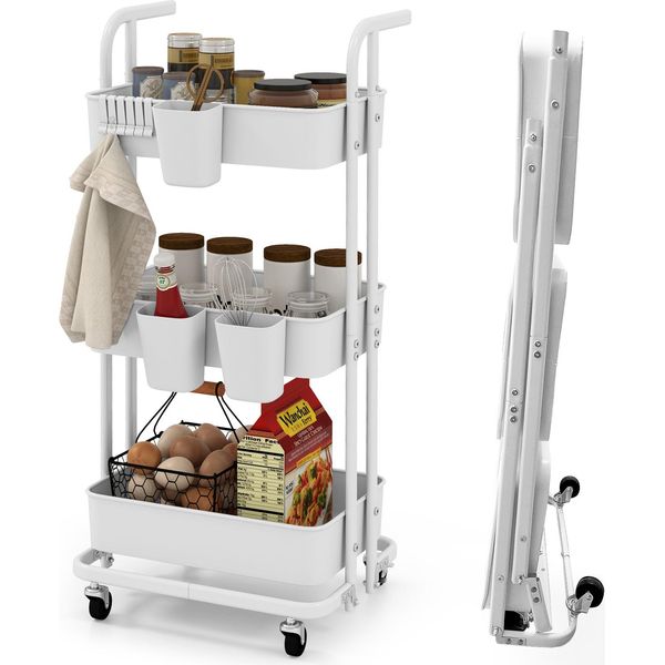 Costway Carrello A 3 Livelli, Carrello Portautensili Pieghevole Con 3 Secchi Sospesi, 6 Ganci E Ruote Universali In Metallo Bloccabili, Carrello Multiuso-image