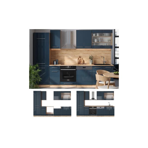 Vicco KüChenzeile Fame-Line Eiche Dunkelblau Hochglanz 300 Cm Mit Arbeitsplatte Anthrazit-image