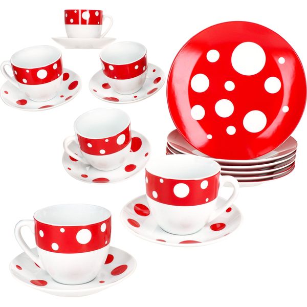 Servizio Da Caffè 18 Pezzi Pula A Pois Rossi In Porcellana 6 Pers. Tazze Piattini Piatti A Pois-image