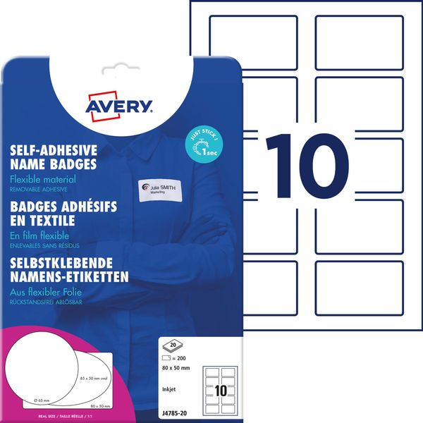 Avery Name Badge - Etichette Per Badge In Polipropilene - Bianco - 50 X 80 Mm - 200 Pezzi (20 Fogli X 10) - (J4785-20)-image