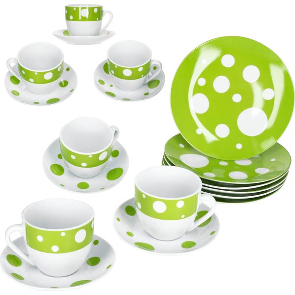 Servizio Da Caffè 18 Pezzi Pula Verde A Pois In Porcellana 6 Pers. Tazze Piattini Piatti A Pois-image