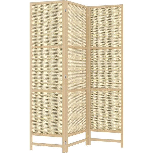 Homcom Schermo 3 Pezzi 135 X 180 Cm Parete Divisoria In Rattan Pp, Pieghevole Parete Divisoria Privacy Per Soggiorno Natura-image