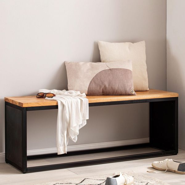 Panca In Legno Massiccio Di Acacia / Aspetto Pietra 120X45X35 Cm Panca Per Corridoio Con Struttura In Metallo | Wohnling-image