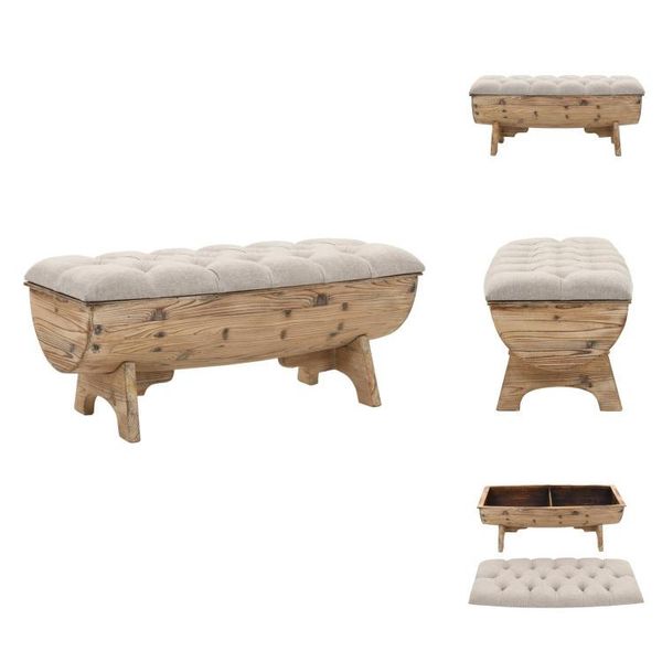 Vidaxl Panca Portaoggetti In Legno Massiccio E Tessuto 103 X 51 X 44 Cm - Panche Per Cassapanche E Corridoi-image