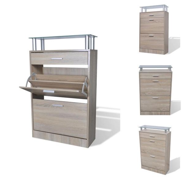 Vidaxl Scarpiera Con Cassetto E Ripiano Superiore In Vetro In Legno Effetto Rovere - Scaffali E Armadietti Per Scarpe-image