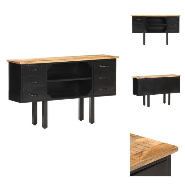 Vidaxl Credenza 110X30X65 Cm Legno Massiccio Di Mango Grezzo E Acciaio - Credenze-image